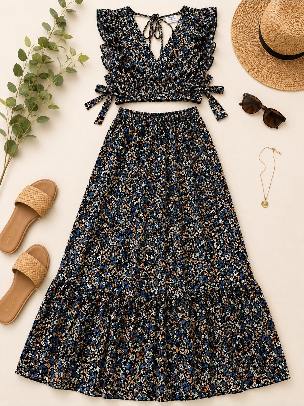 Floral Two Piece Crop Top & Maxi Skirt Set Boho Cottagecore Size M